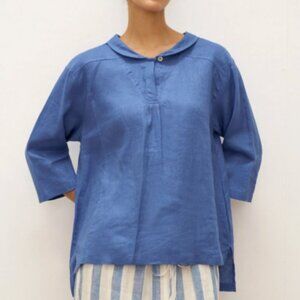 Lintico 100% Linen Shawl V-Neck 1/2 Sleeve Jade Denim Blue Size Med Tunic Light
